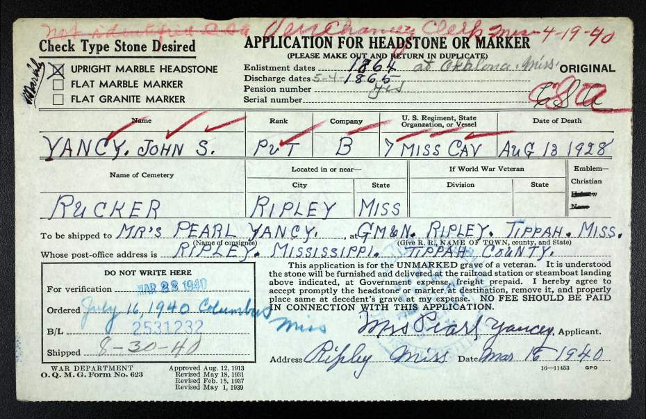 John S. Yancy tombstone application
